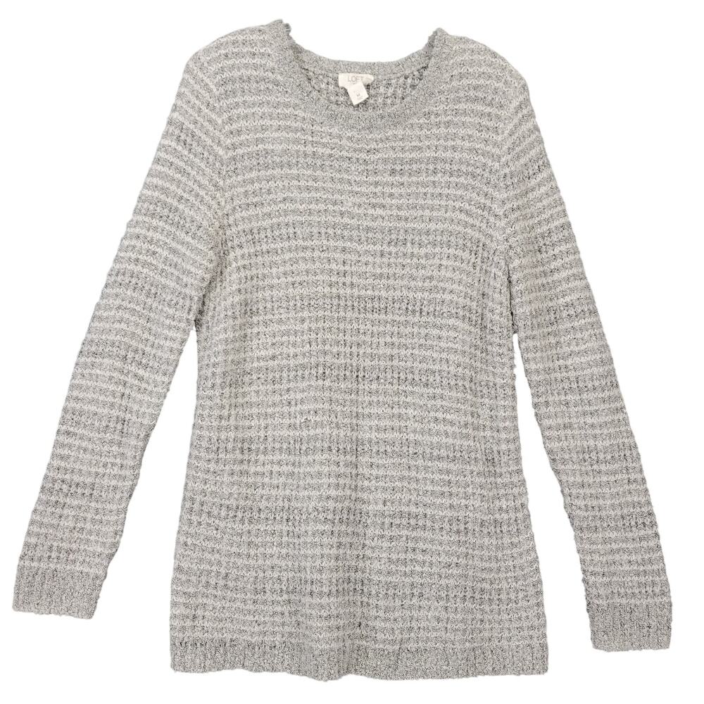 Loft Lounge Gray Soft Sweater Size M Stripe Knit Long Sleeves Round Neck Women M